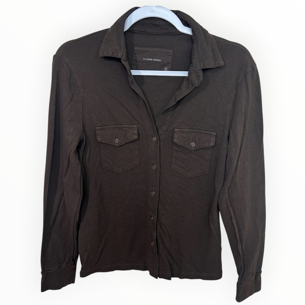 Nili Lotan Liam Cotton Dark Brown Button-Down Long Sleeve Shirt